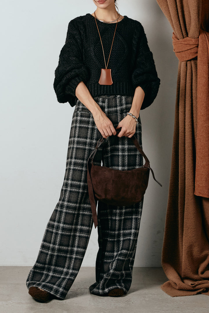 [SET]ロービングケーブルショート丈プルオーバー+ルーズタータンチェックワイドパンツ(2set)