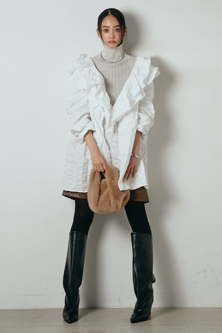 [SET]Vネックフリルカラーブラウス+ストレッチエコレザーバミューダパンツ(2set)