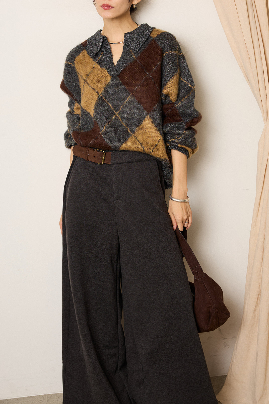 [SET]アクリルモヘアアーガイルキーネックプルオーバー+サイドベルトパンツ(2set)