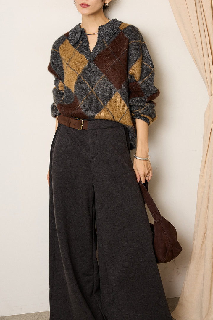 [SET]アクリルモヘアアーガイルキーネックプルオーバー+サイドベルトパンツ(2set)