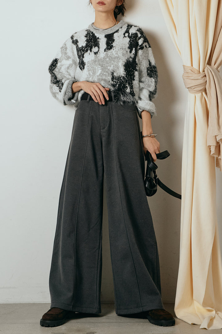 [SET]起毛ニュアンス柄ニットプルオーバー+ファーベルト付きワイドパンツ(2set)