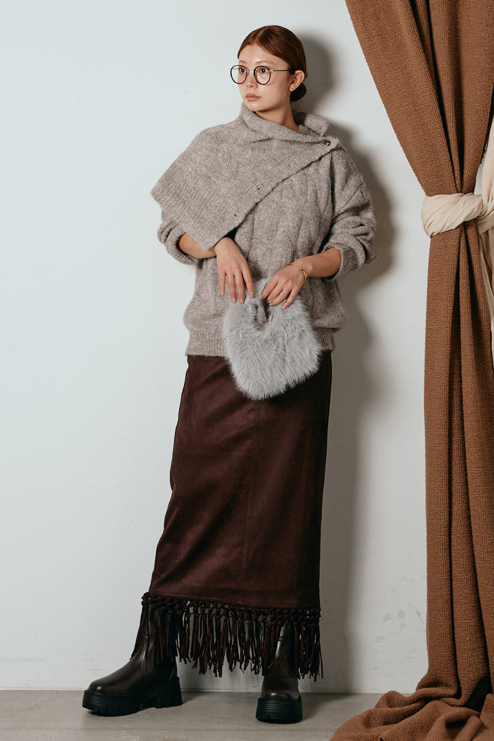 [SET]ケープデザインケーブルニットトップス+スウェードライク裾フリンジスカート(2set)