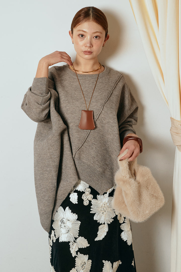 [SET]アシンメトリーデザインニットトップス+フラワー刺繍ワイドスカート(2set)