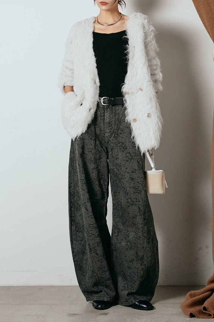 [SET]ウェーブシャギーニットジャケット+ベルト付きニュアンス柄カーブワイドパンツ(2set)