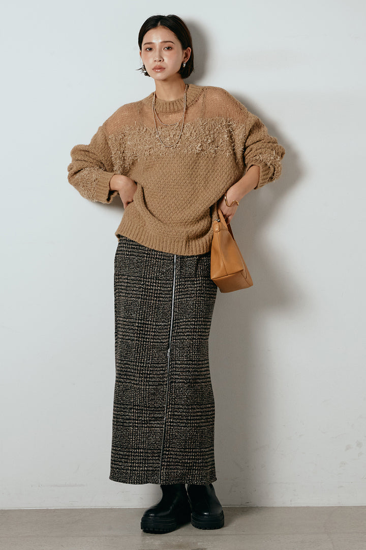 [SET]パターンランダム編みニットトップス+グレンチェック柄フロントジップタイトスカート(2set)