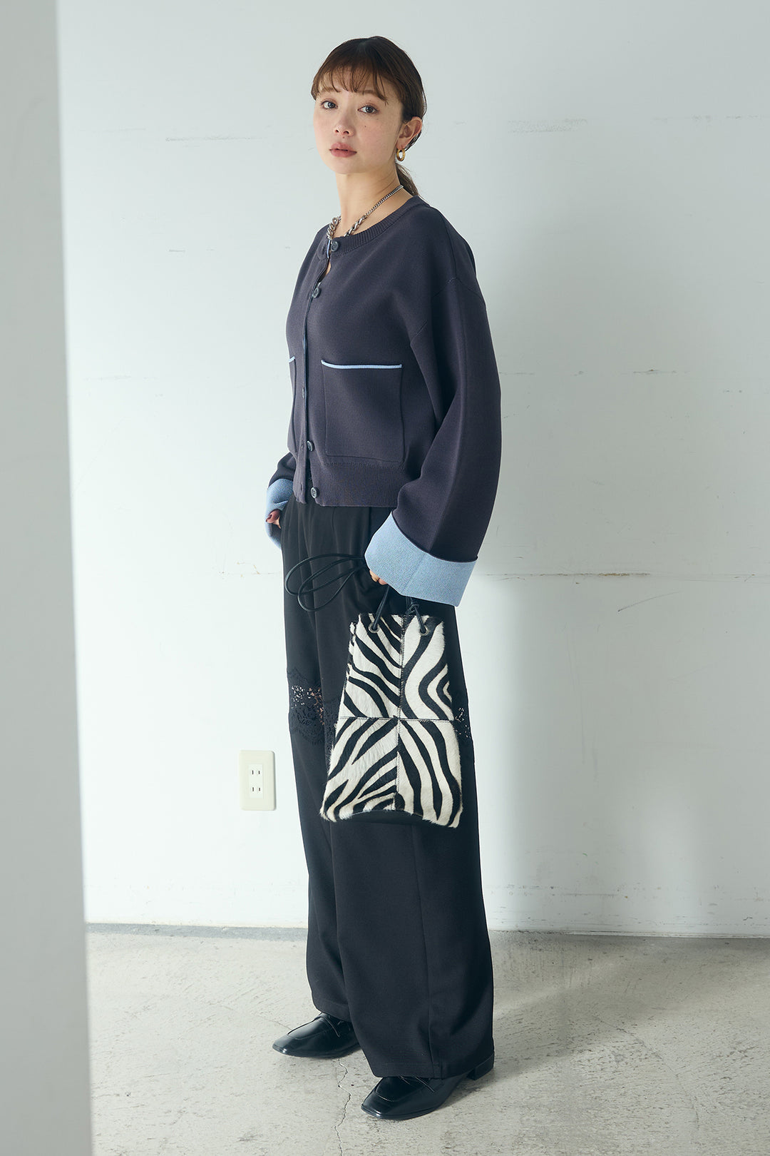 [SET]レーヨンポリダブルフェイスカーディガン+レース刺繍切替ワイドパンツ(2set)