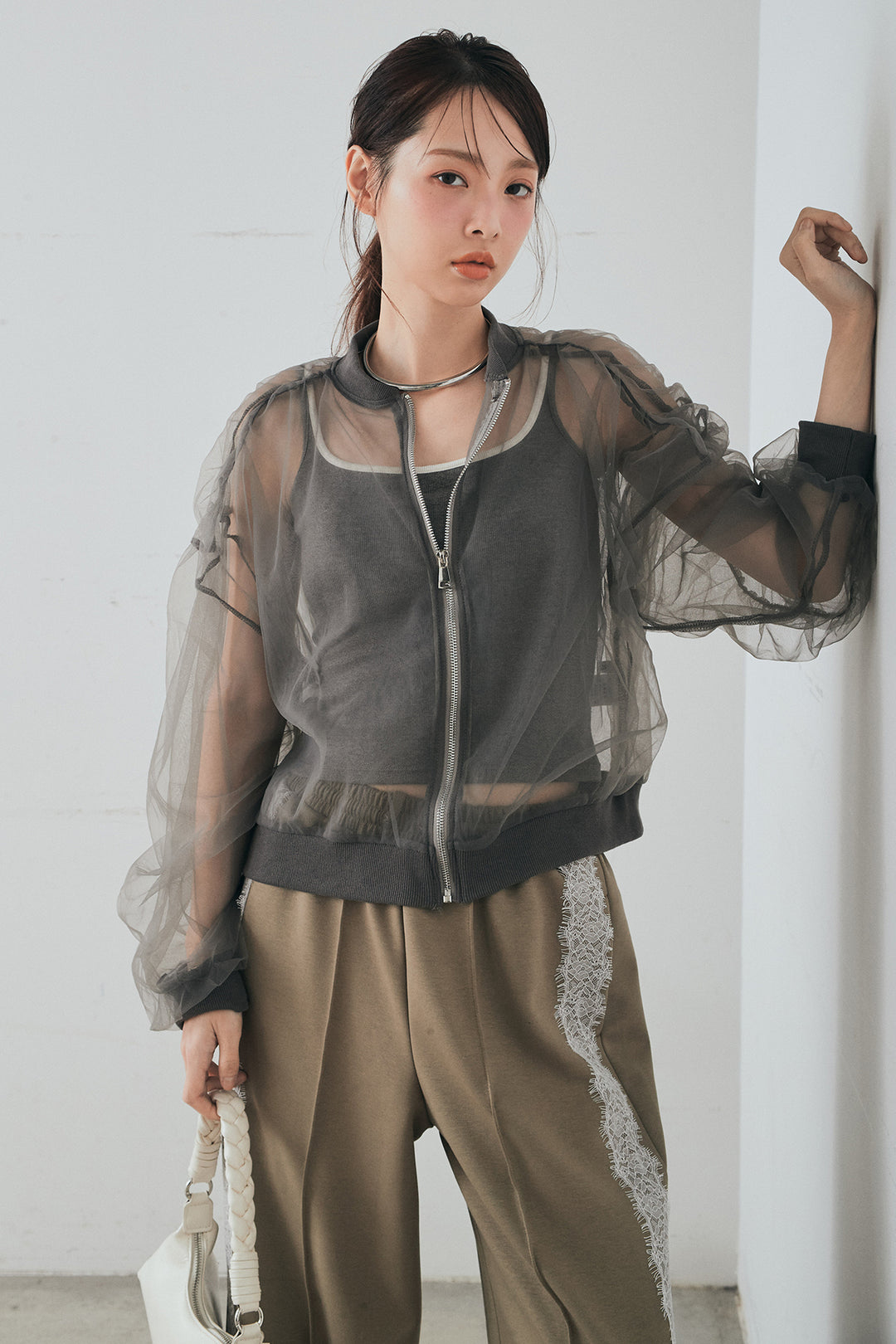 [SET]エアリーチュールスリーブシアーブルゾン+Wフェイスカットソーサイドレースラインパンツ(2set)