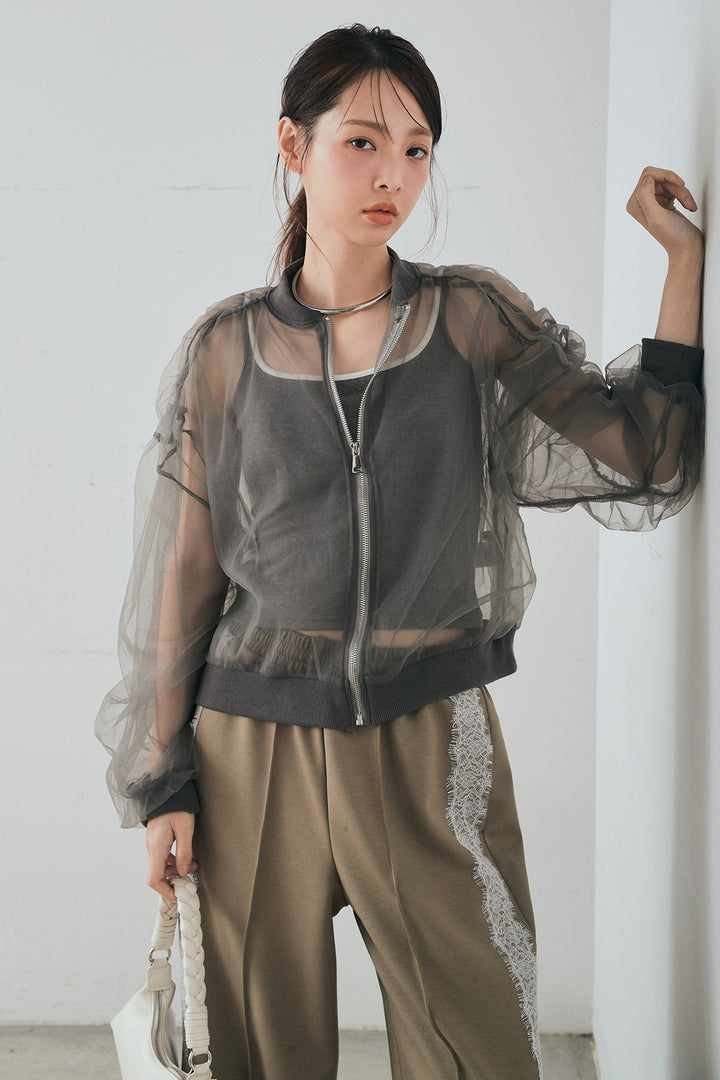 [SET]エアリーチュールスリーブシアーブルゾン+Wフェイスカットソーサイドレースラインパンツ(2set)