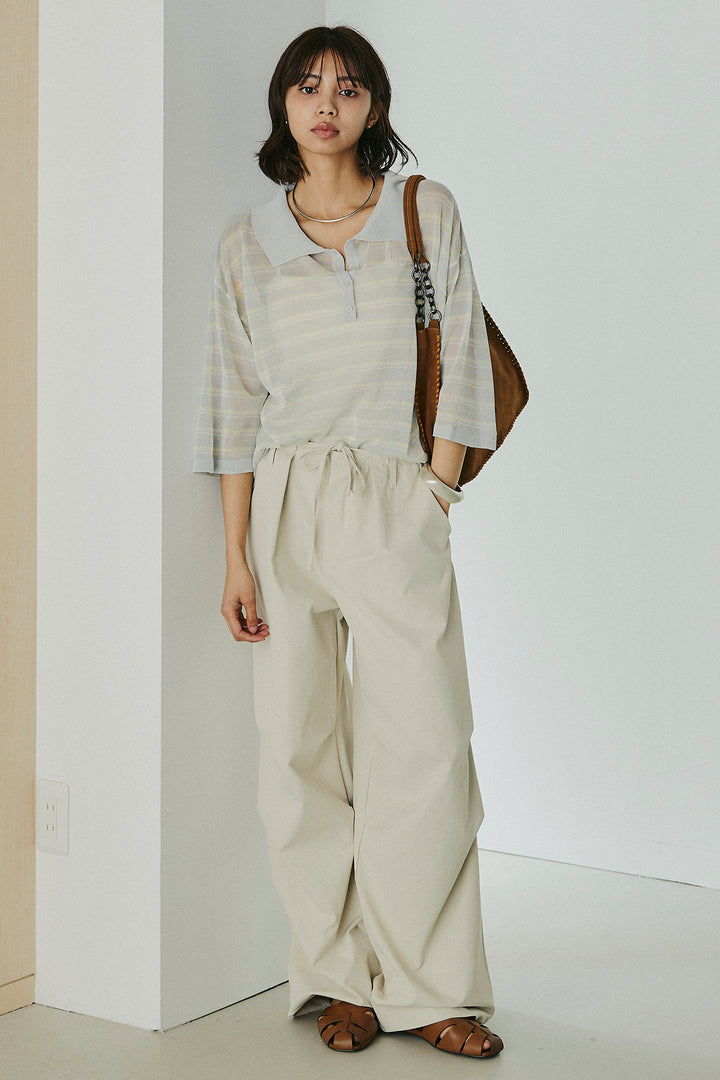 [SET]ボーダーニットポロシャツ+ニーサイドタックウエストドロスパンツ(2set)