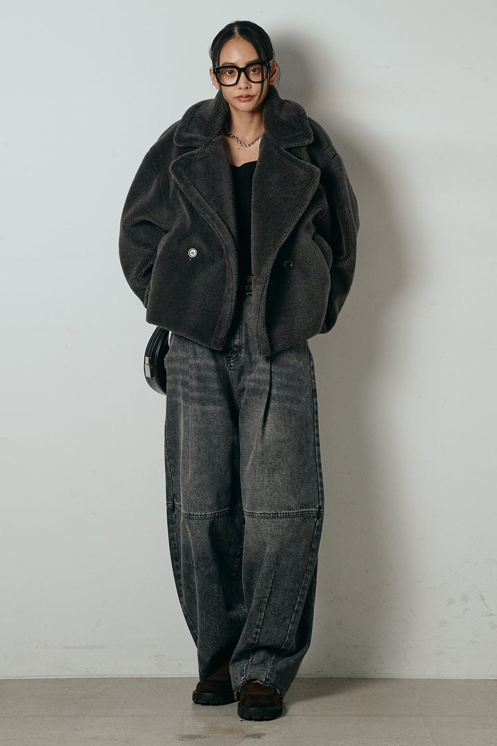 【2月中旬発送】
[SET]テディボアショートジャケット+加工デニムタックコクーンワイドパンツ(2set)