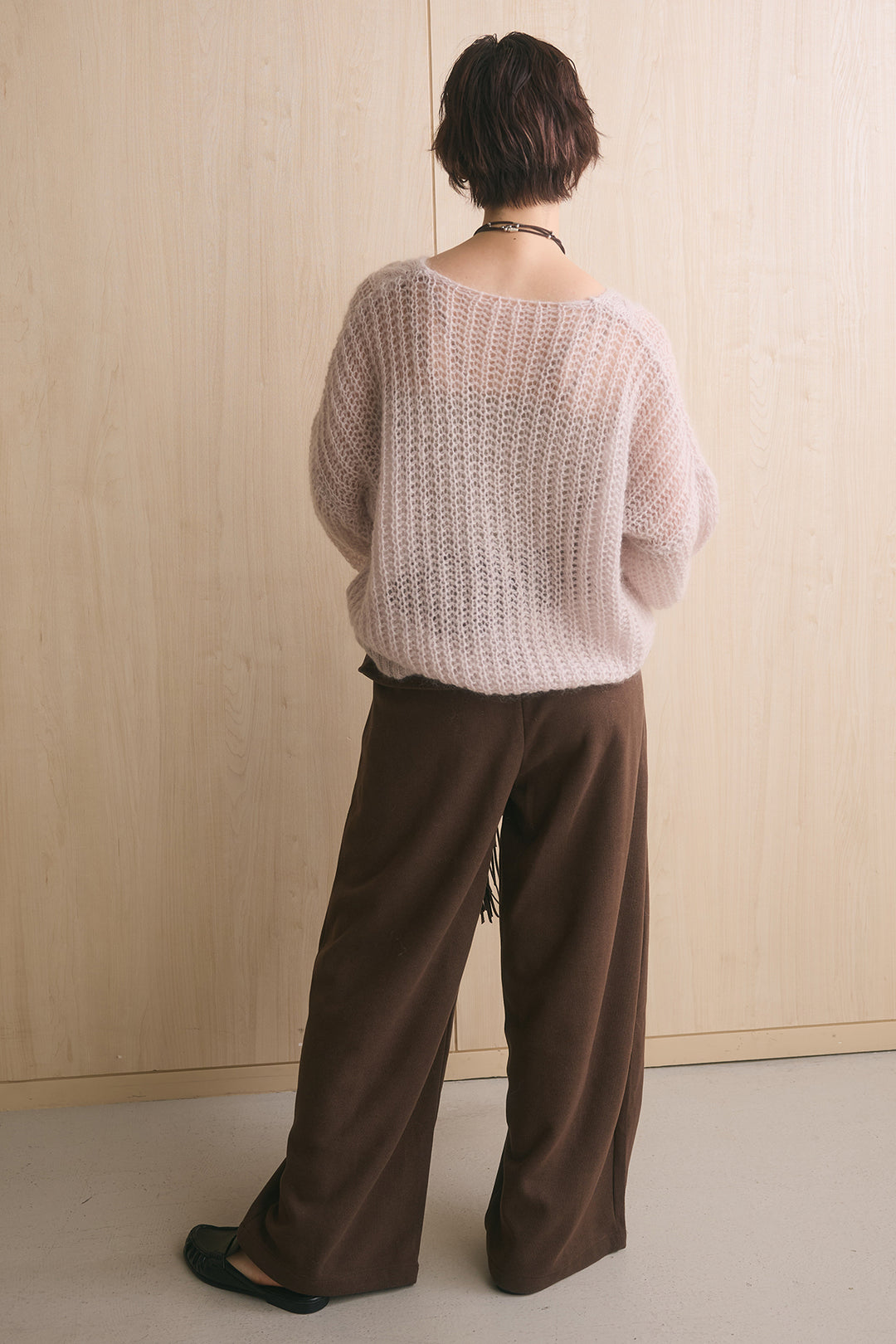 [SET]シアーモヘアケーブルVニックニット+ナポレオンデザインラップカーブパンツ(2set)