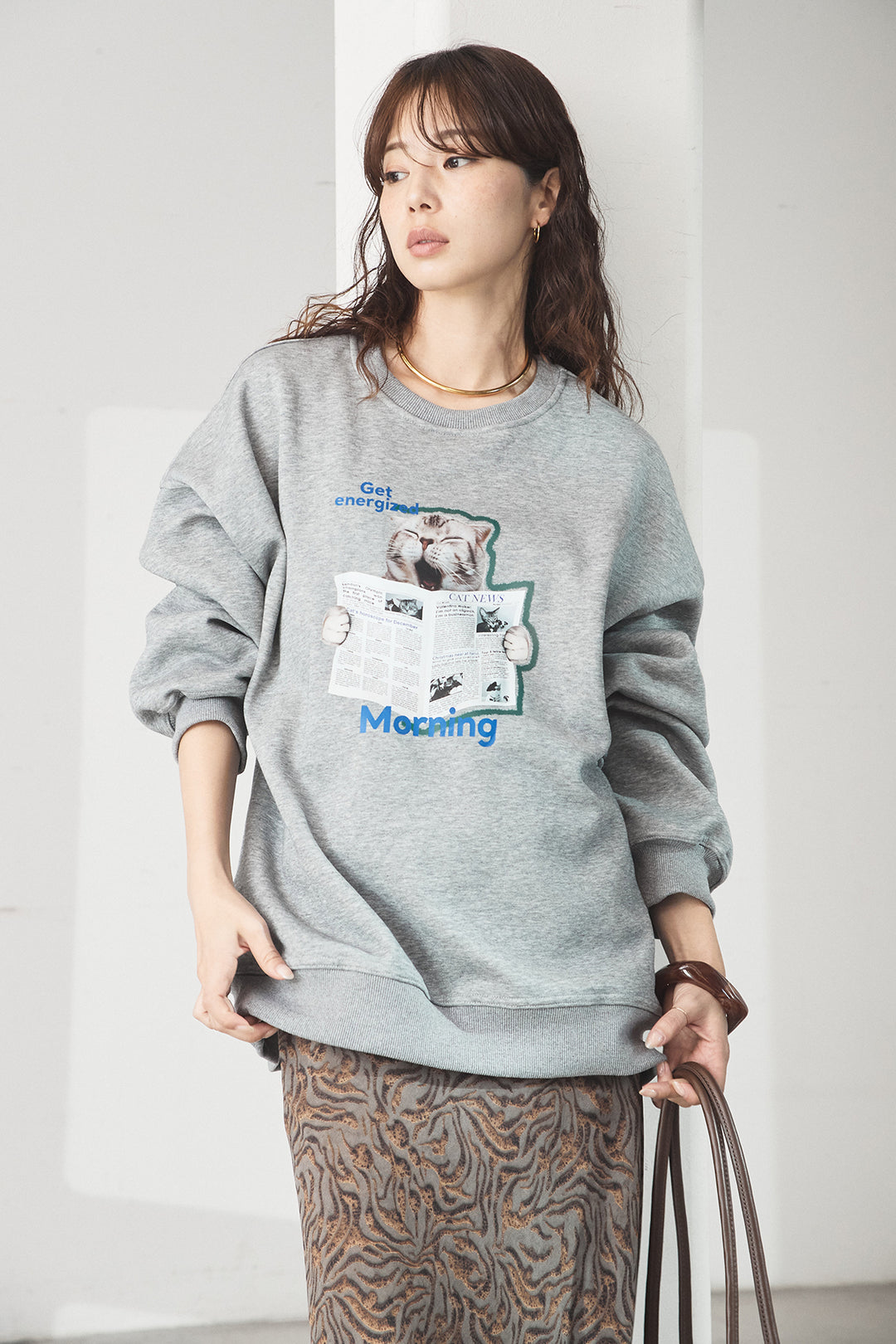 [SET]裏起毛モーニングキャットプリントスウェット+抽象柄ロングスカート(2set)