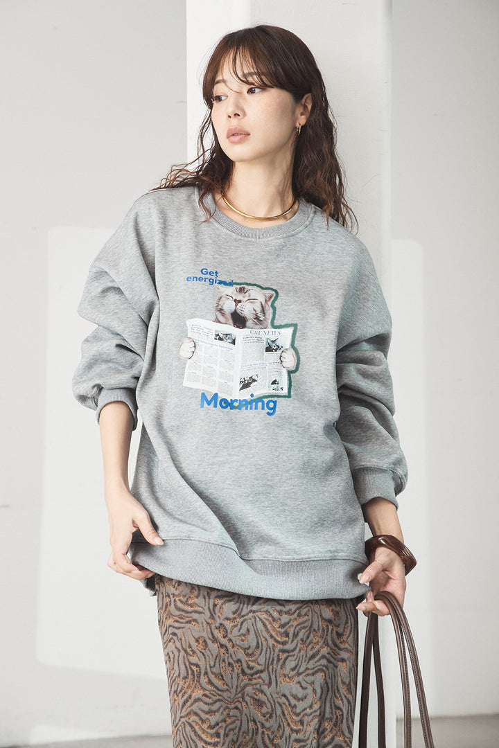 [SET]裏起毛モーニングキャットプリントスウェット+抽象柄ロングスカート(2set)