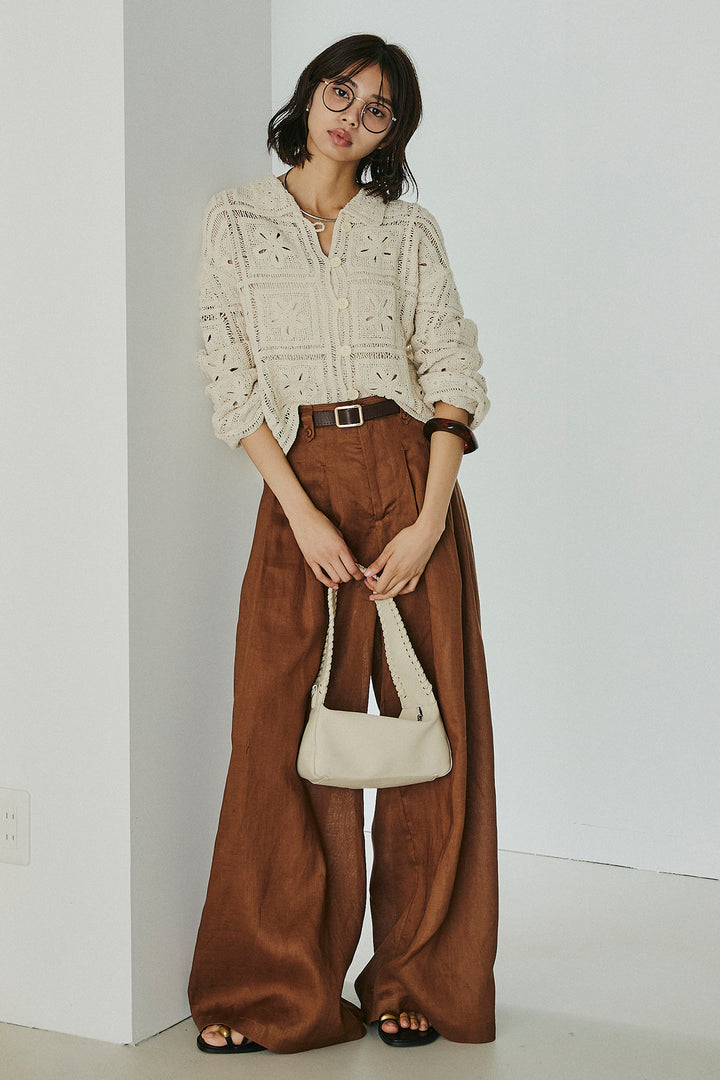 [SET]鍵編みフラワーレースカーディガン+タック入りワイドパンツ(2set)
