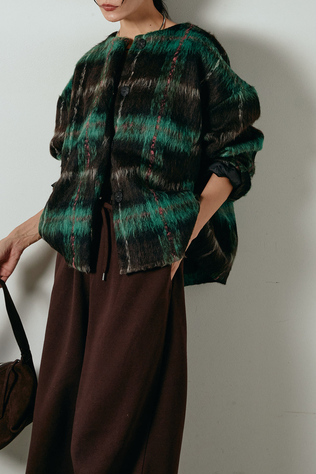 [SET]ノーカラーシャギーチェックアウター+裏起毛スウェットワイドパンツ(2set)