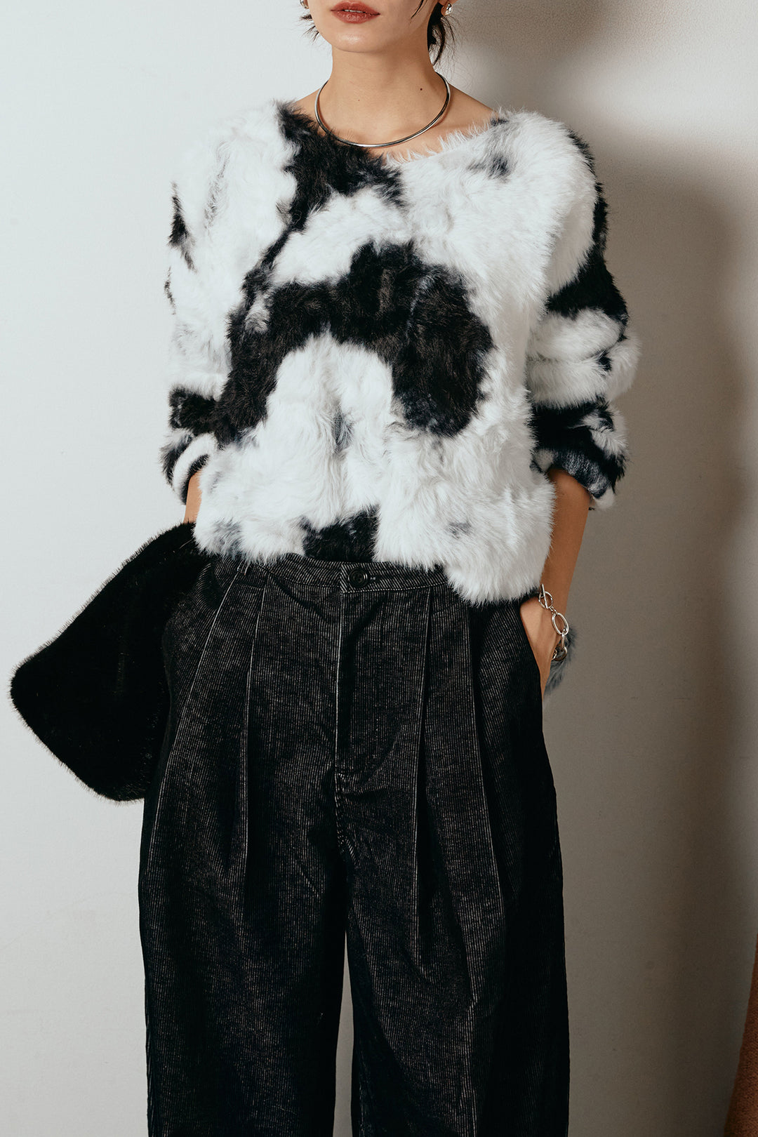 [SET]タイダイ柄シャギーニットトップス+フロントタック入りコーデュロイパンツ(2set)