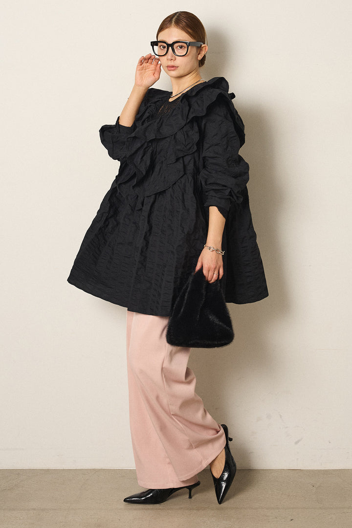 [SET]Vネックフリルカラーブラウス+ツイルスプリングカラータックパンツ(2set)