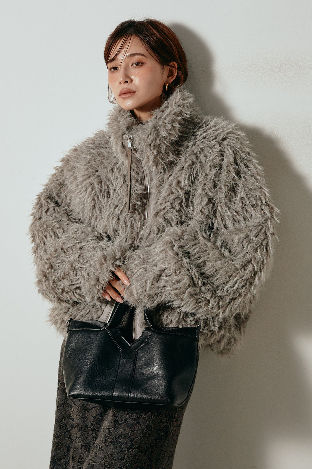 [SET]ミックスシープファースタンドブルゾン+花柄刺繍ベロアフレアスカート(2set)