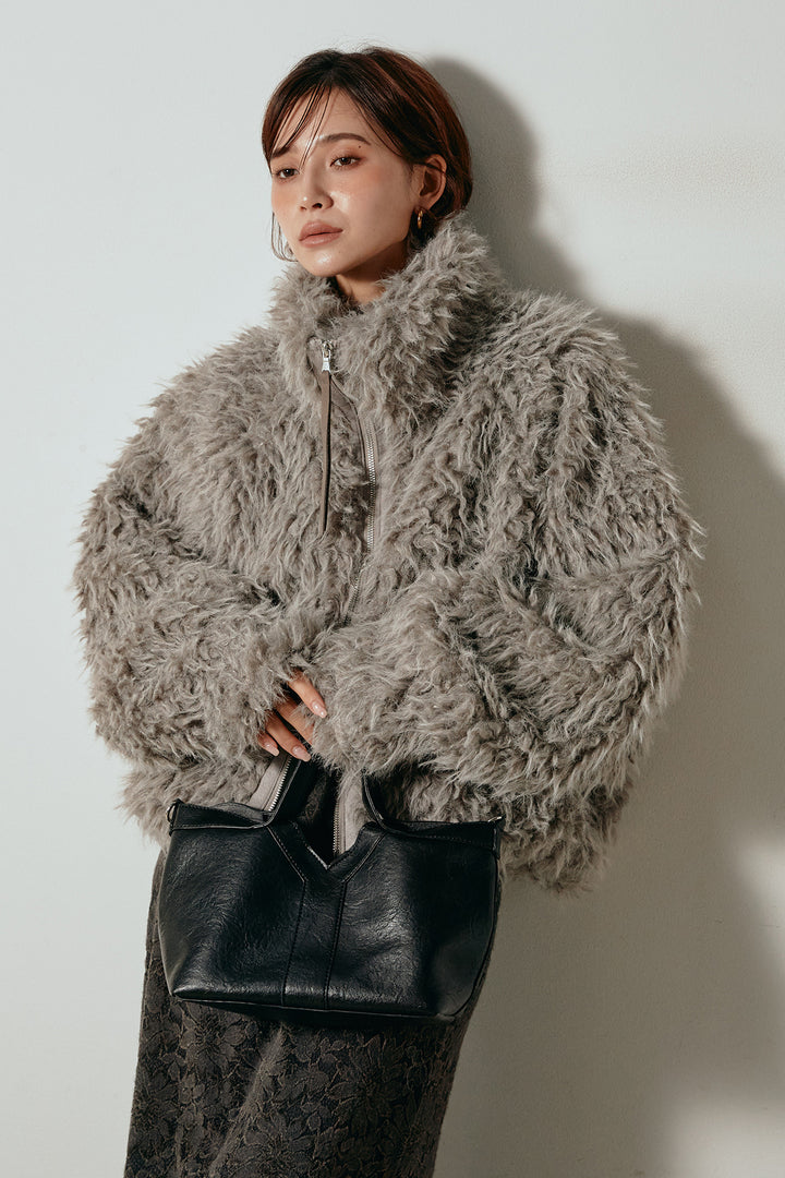 [SET]ミックスシープファースタンドブルゾン+花柄刺繍ベロアフレアスカート(2set)