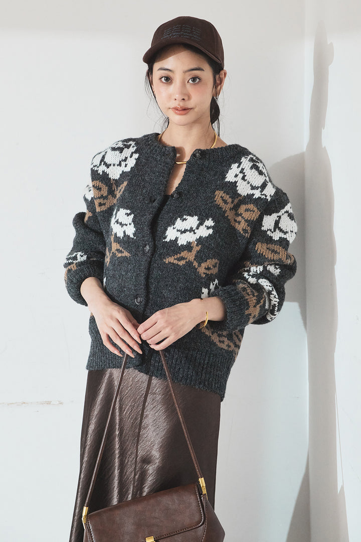 [SET]花柄ジャガードニットカーディガン+裾レースデザインサテンスカート(2set)