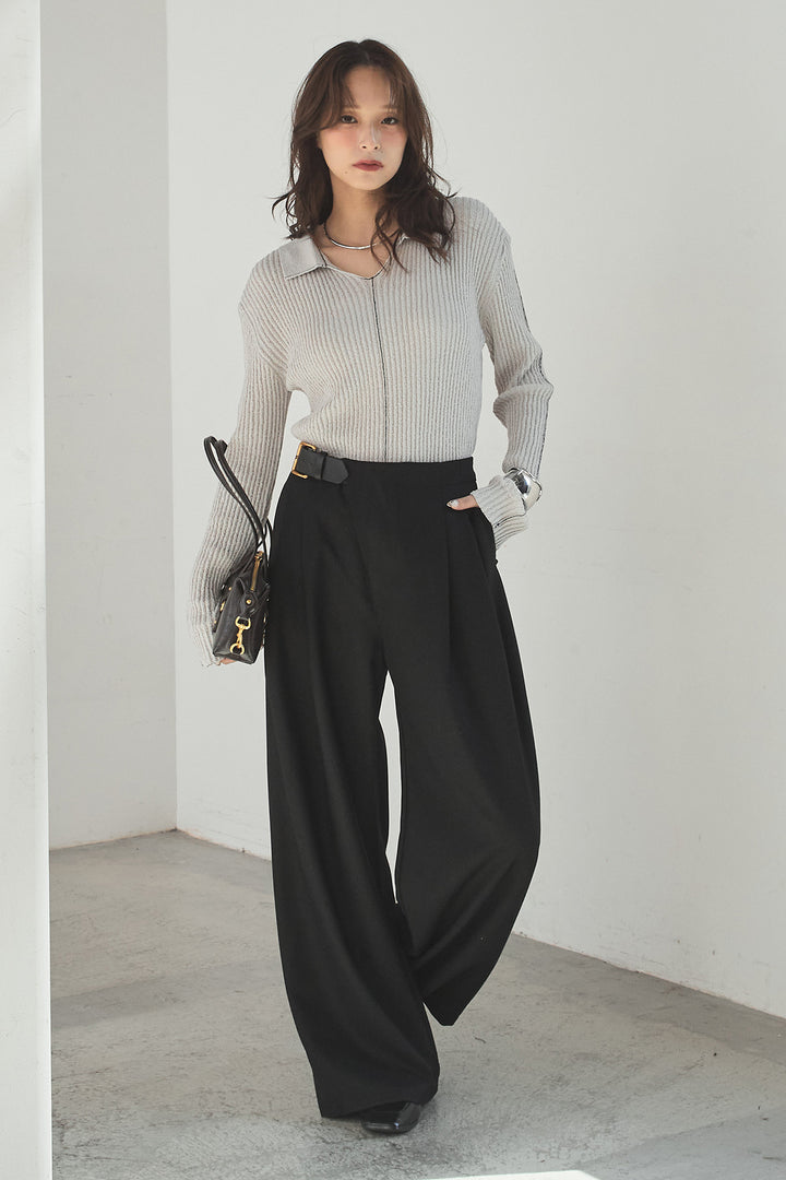 [SET]衿付きニットプルオーバー+サイドベルトタック入りスラックス(2set)