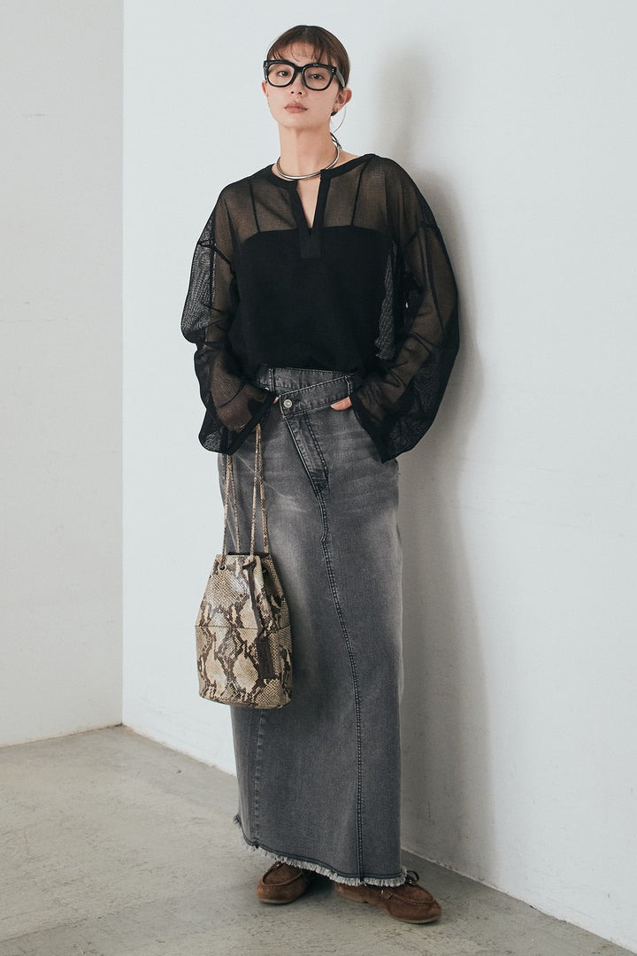 [SET]メッシュカットソースキッパープルオーバー+ウエストクロスデニムタイトスカート(2set)