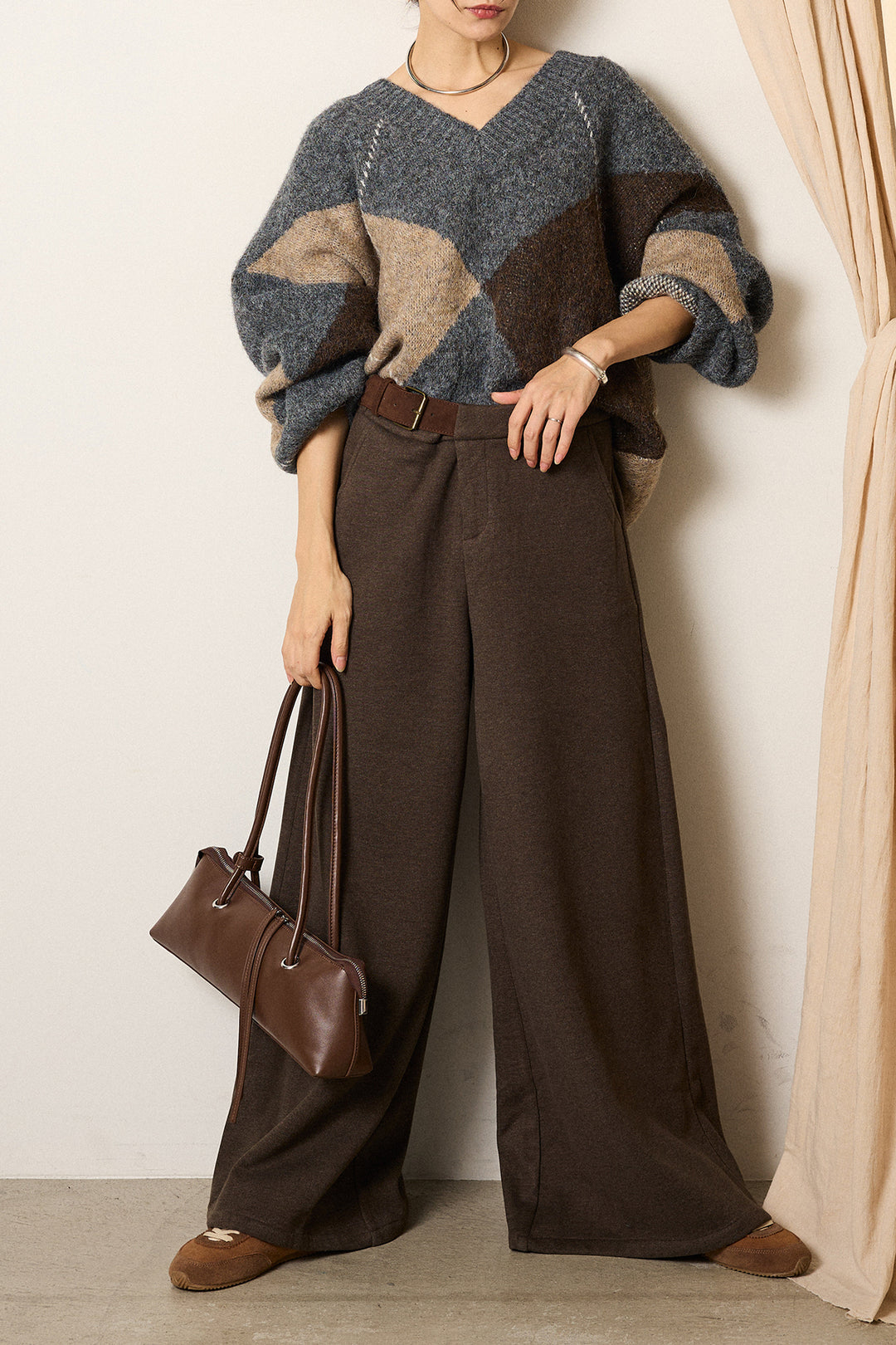 [SET]ルーズアーガイルVネックニット+サイドベルトパンツ(2set)