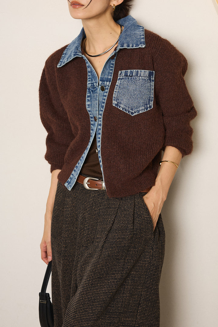 [SET]襟付きデニム切替ニットカーディガン+起毛タック入りツイードワイドパンツ(2set)