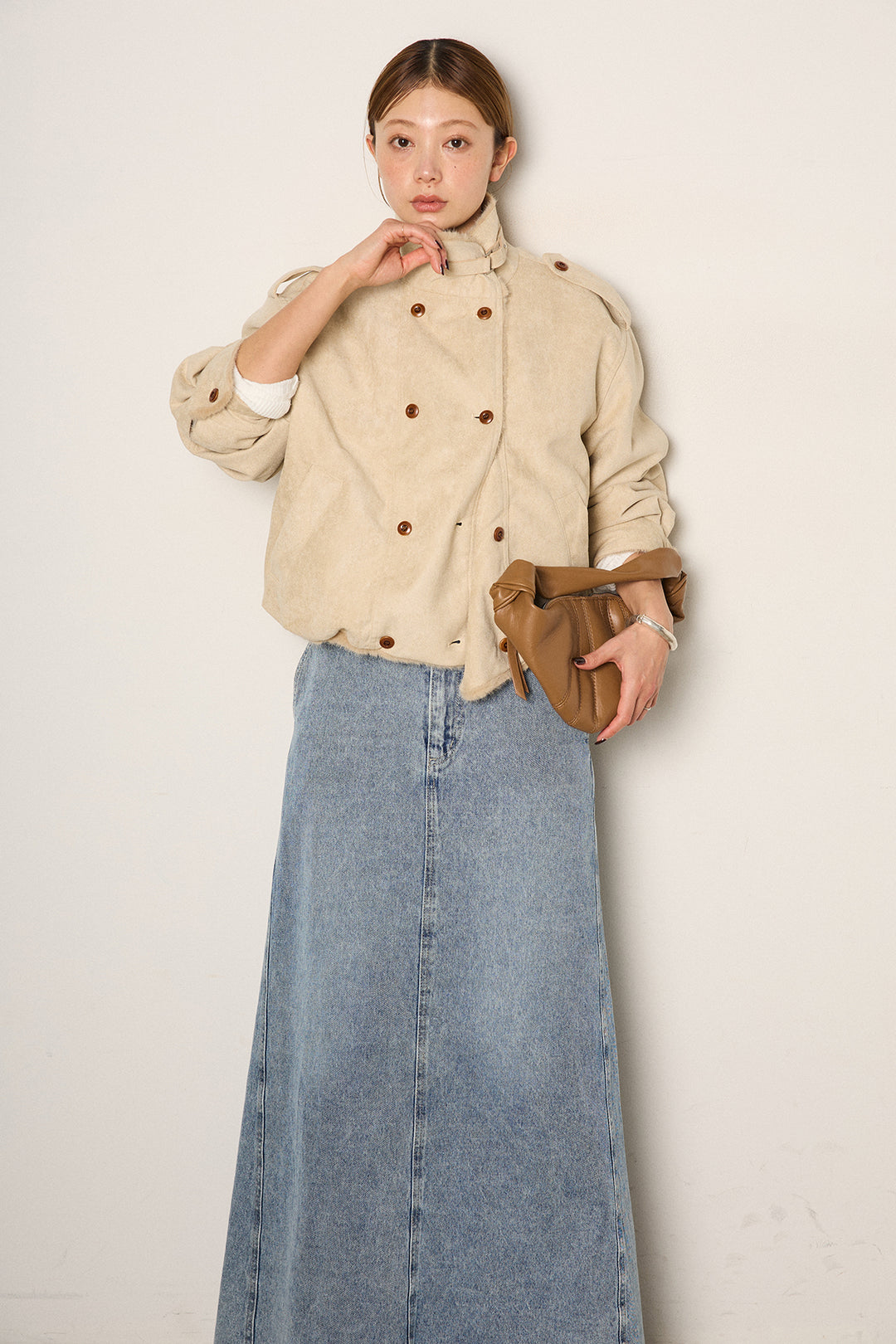 [SET]スタンド襟スウェードライクアウター+デニムロングフレアスカート(2set)