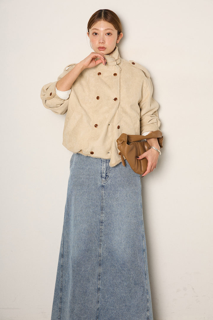 [SET]スタンド襟スウェードライクアウター+デニムロングフレアスカート(2set)