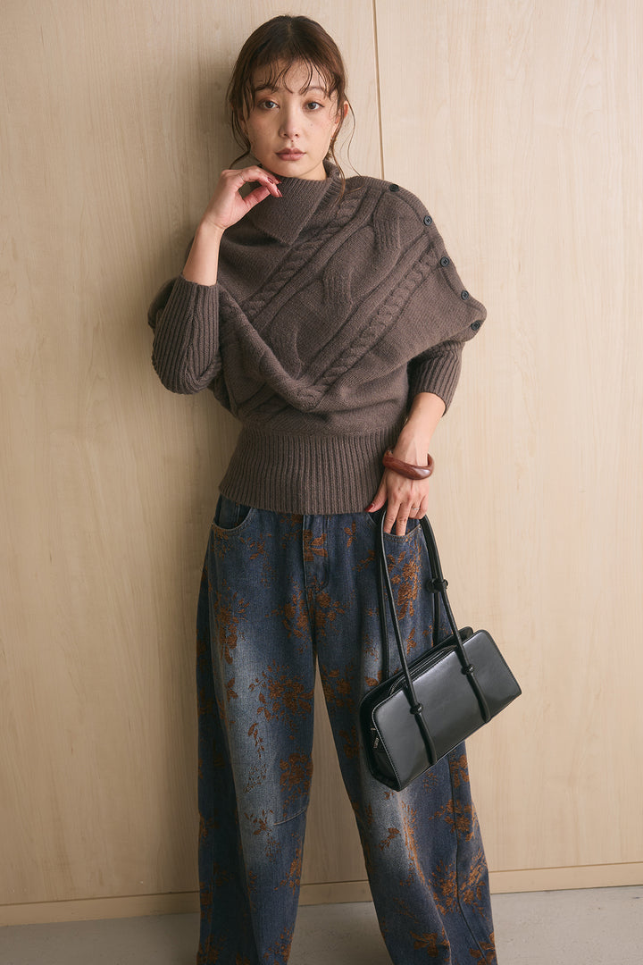 [SET]アシメカラーボタンケーブルニット+フラワーモチーフ刺繍カーブデニム(2set)