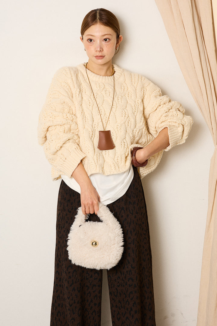 [SET]ケーブルリラックスショートニット+箔プリントBIGシルエットロングスリーブTシャツ+レオパードジャガードニットパンツ(3set)