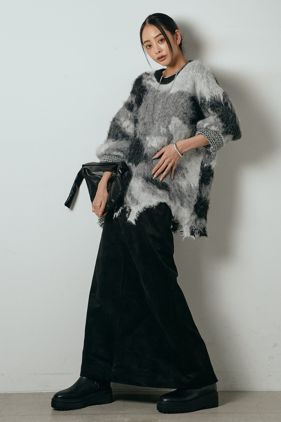 [SET]起毛裾デザインニュアンス柄ニットトップス+エコスウェードワイドスカート(2set)