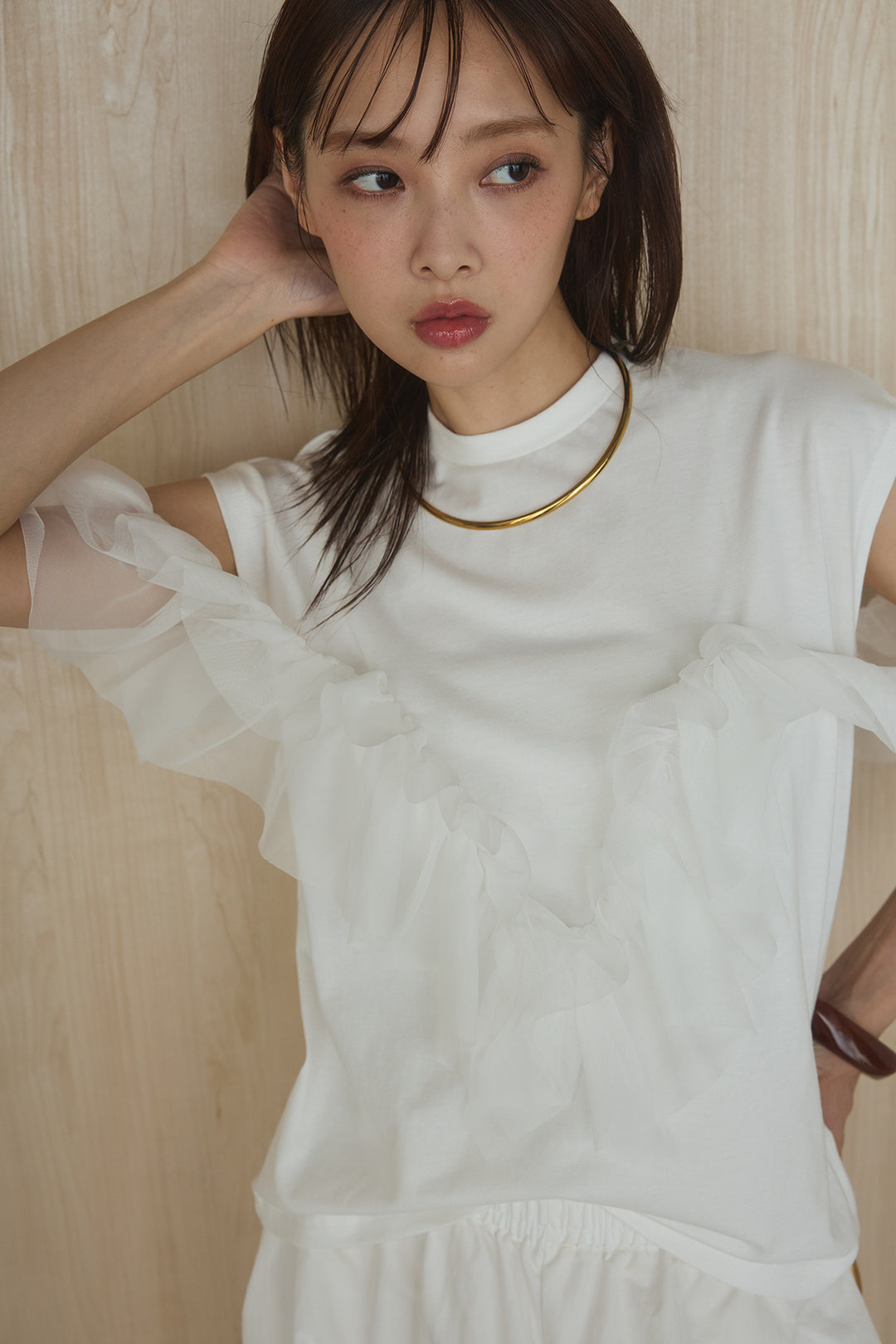 [SET]チュールフリルフレンチTシャツ+ルーズカーゴワイドパンツ(2set)