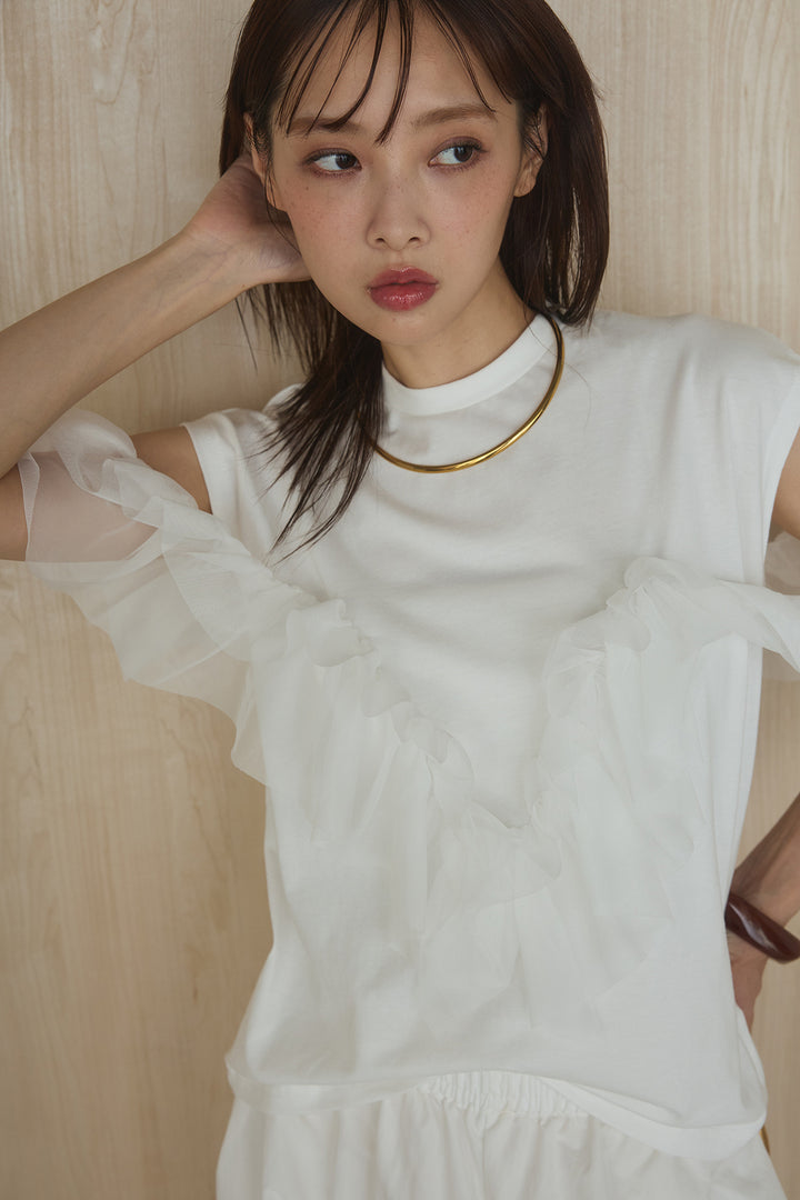 [SET]チュールフリルフレンチTシャツ+ルーズカーゴワイドパンツ(2set)