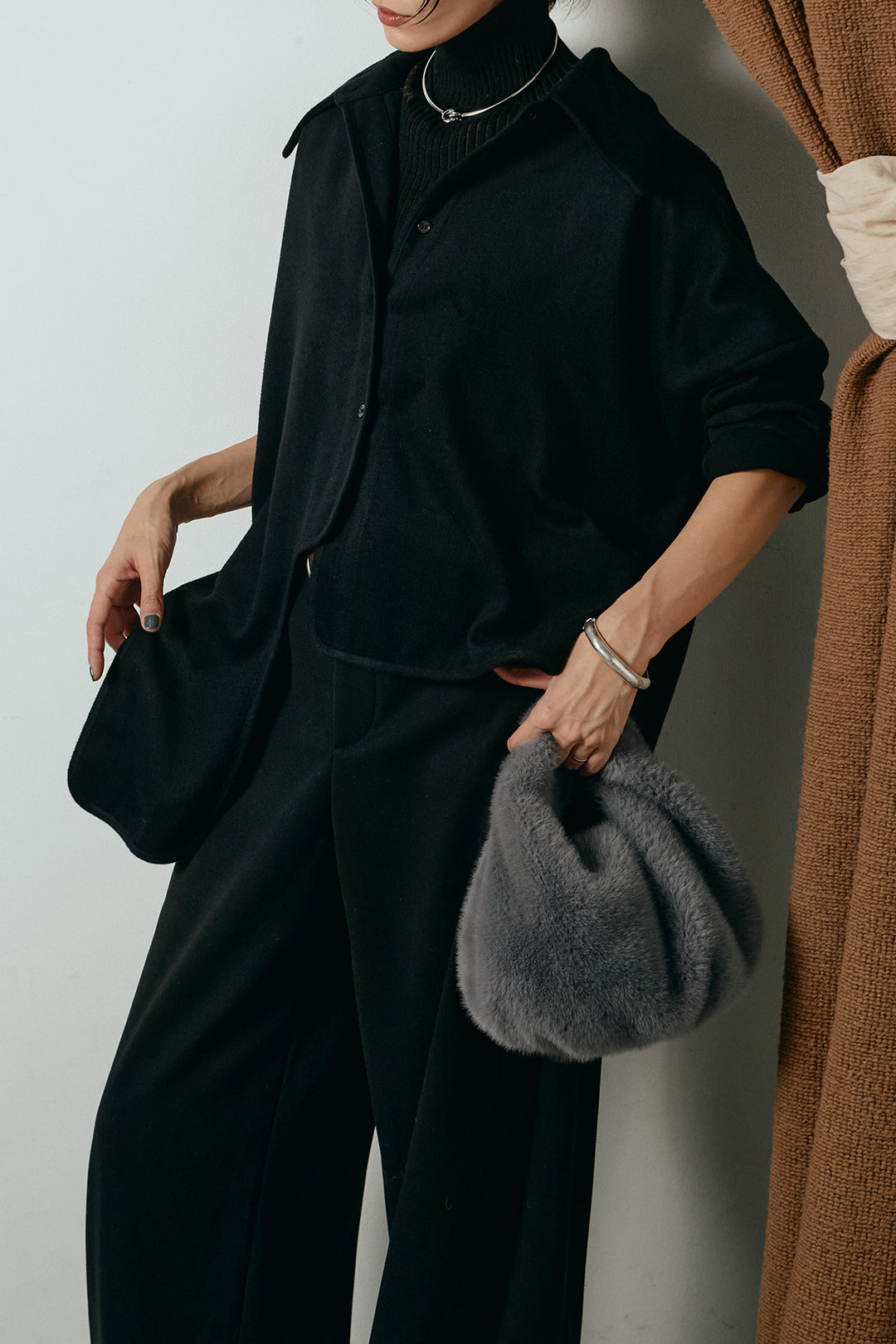 [SET]裾アシンメトリーデザインシャツ+編みベルト付きワイドパンツ+リブニットシームレスタートルプルオーバー(3set)