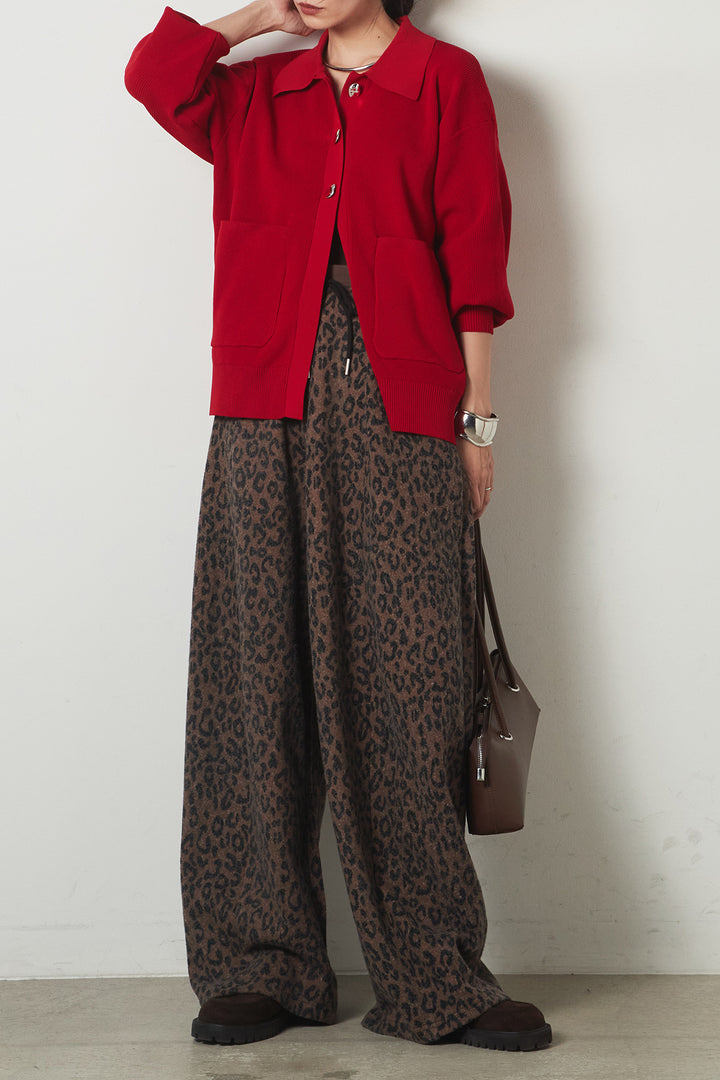 [SET]メタル釦衿付きニットカーディガン+リラックスレオパード柄ワイドパンツ(2set)