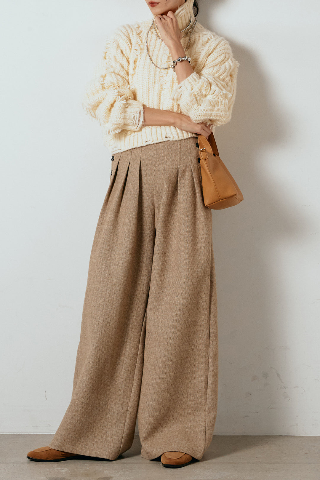 [SET]フリンジタートルショートニット+サイドボタンツイードタックパンツ(2set)