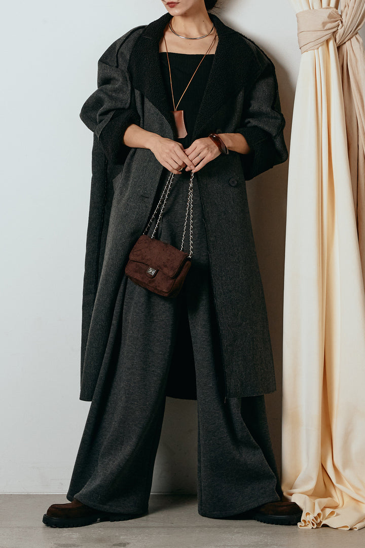 [SET]裏地ボアハイネックロングアウター+フェイクレザー太ベルト付きタックワイドパンツ(2set)