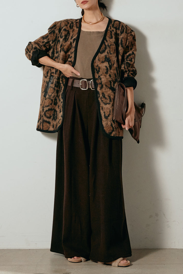 [SET]ノーカラーレオパード柄アウター+フェイクレザー太ベルト付きタックワイドパンツ(2set)