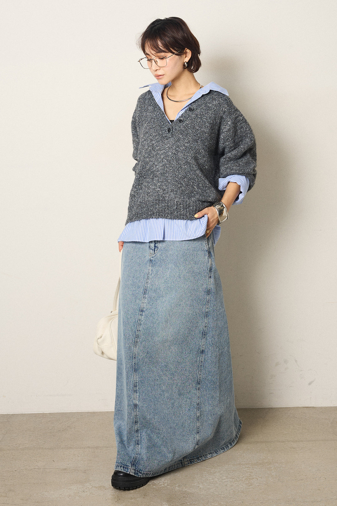 [SET]ストライプシャツドッキングニットポロトップス+デニムロングフレアスカート(2set)