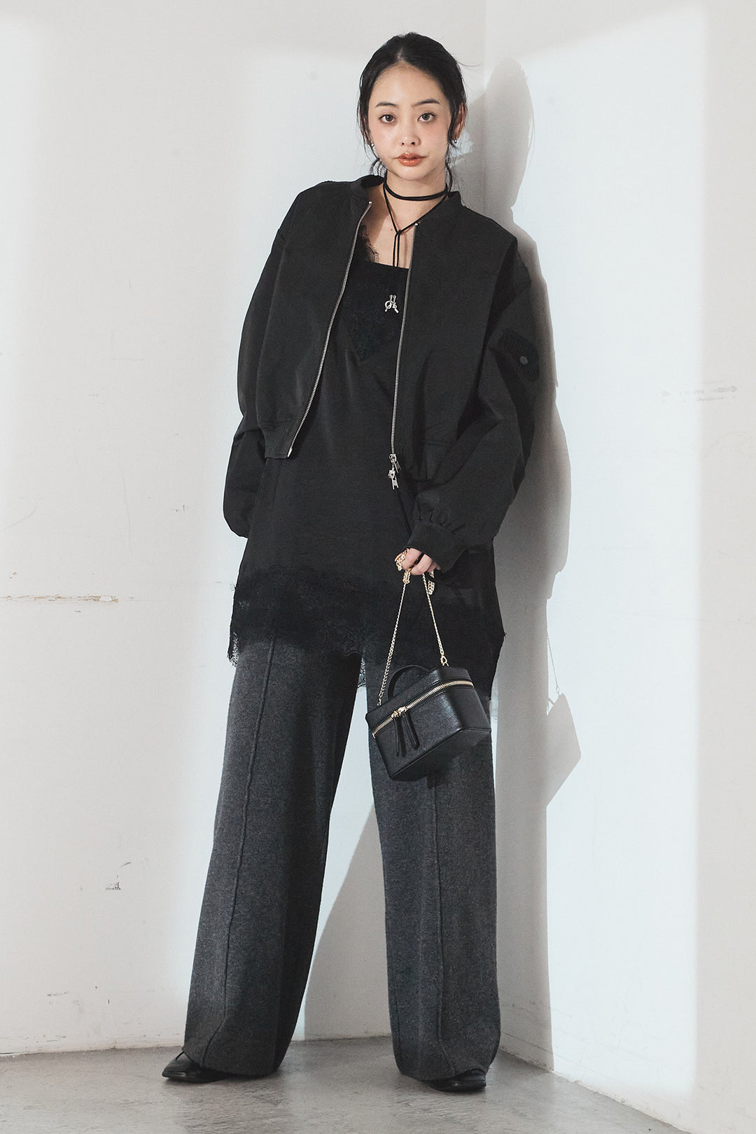 [SET]袖ギャザーデザインブルゾン+センターラインニットパンツ(2set)