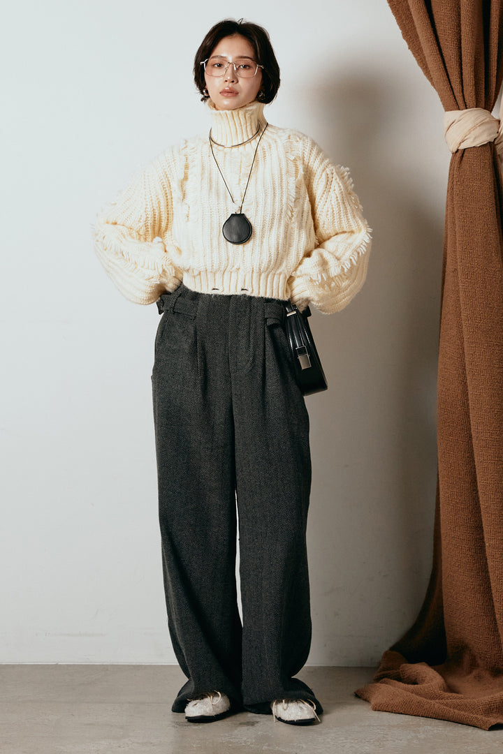 [SET]フリンジタートルショートニット+クラシックヘリンボーンサロペット(2set)