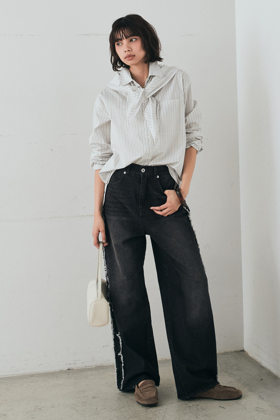 [SET]ランダムストライプスカーフ付きシャツ+デニムサイドフリルパンツ(2set)