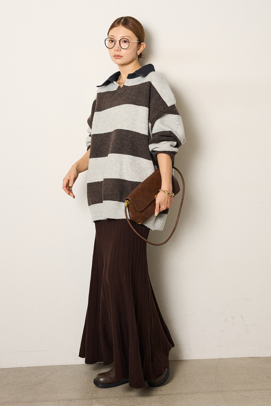 [SET]デニムカラーボーダールーズニット+編み地切り替えフレアニットスカート(2set)