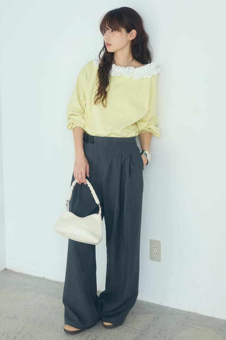 [SET]ネックギャザーフリルスウェット+サイドベルトタック入りスラックス(2set)