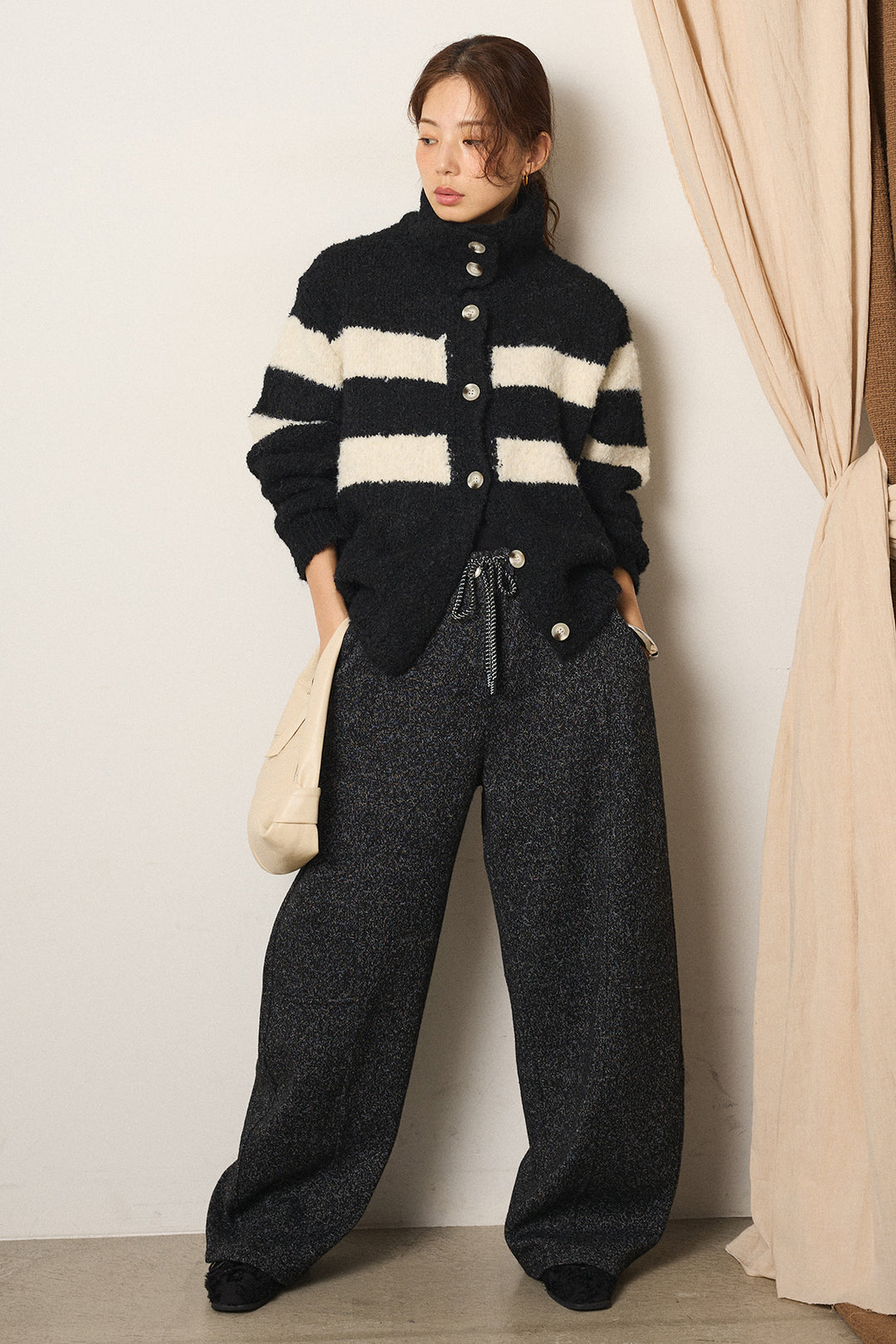 [SET]ハイネックボーダーニットカーディガン+杢ニットフレアパンツ(2set)