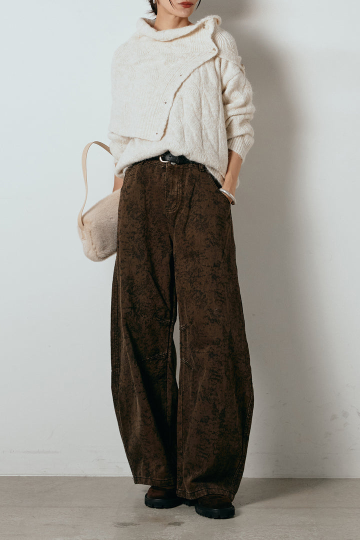 [SET]ケープデザインケーブルニットトップス+ベルト付きニュアンス柄カーブワイドパンツ(2set)