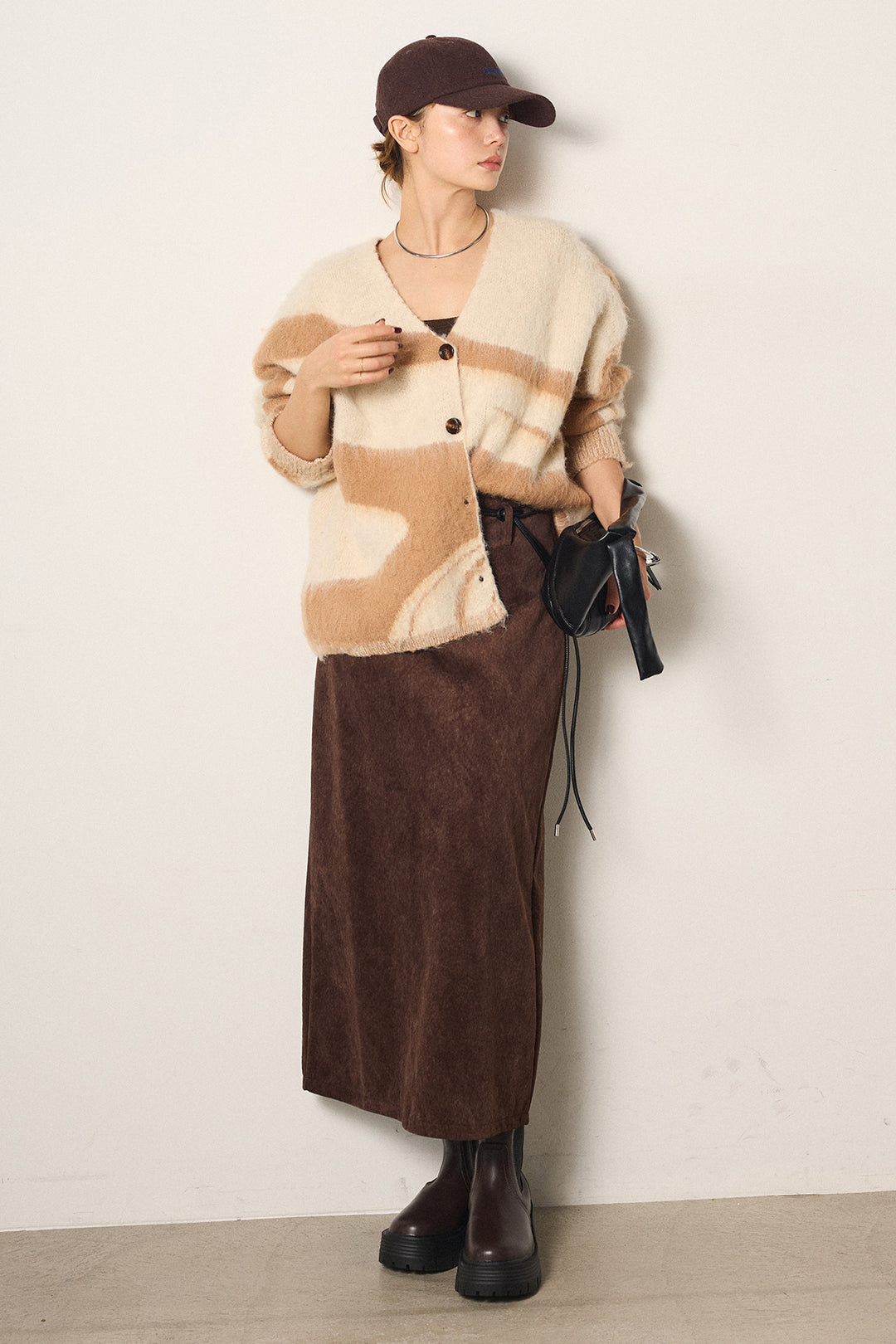 [SET]アクセントブラッシュドカーディガン+ロープベルト付きスウェード調スカート(2set)