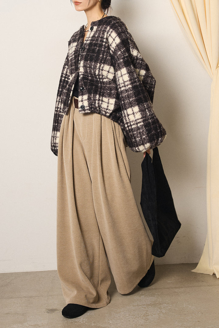 [SET]ノーカラーチェック柄ボアブルゾン+ベルトループコーデュロイワイドパンツ(2set)